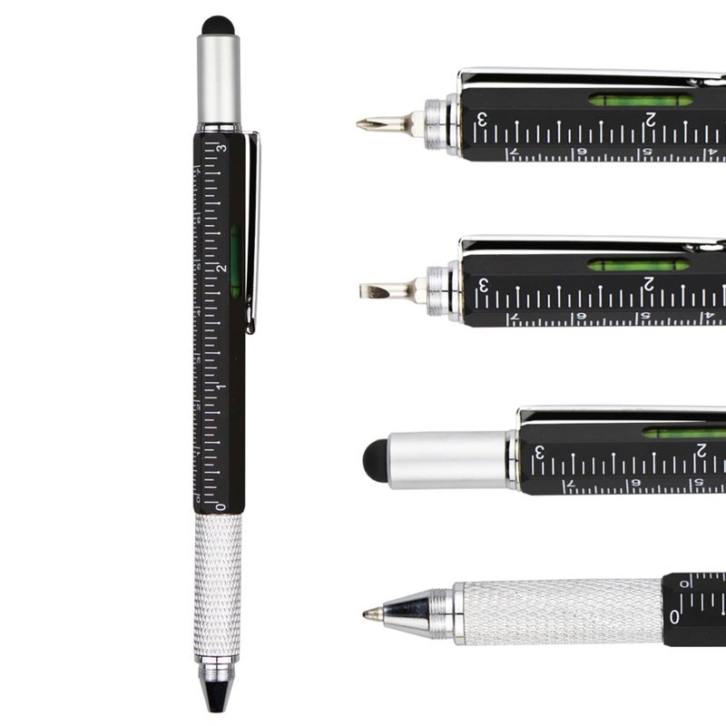 DUNBONG Metal Multi tool Pen 6-in-1 Stylus Pen - With Screwdriver, Ballpoint Pen Black ink, Stylus pen, Level and Ruler, 1-Count (Black) - Image 1